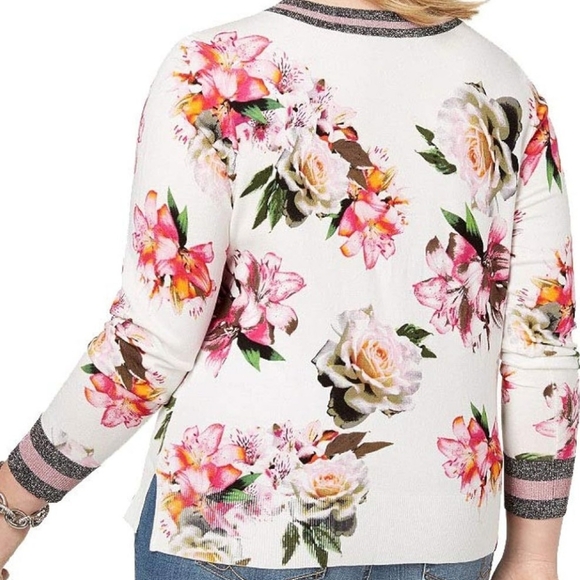 INC International Concepts Plus Size V-Neck  Floral Print Varsity Sweater - Picture 3 of 8